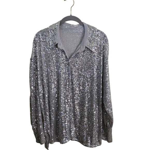 Abercrombie & Fitch Stunning Sequined Silver Blouse Party Holiday Disco Size L - Picture 1 of 7